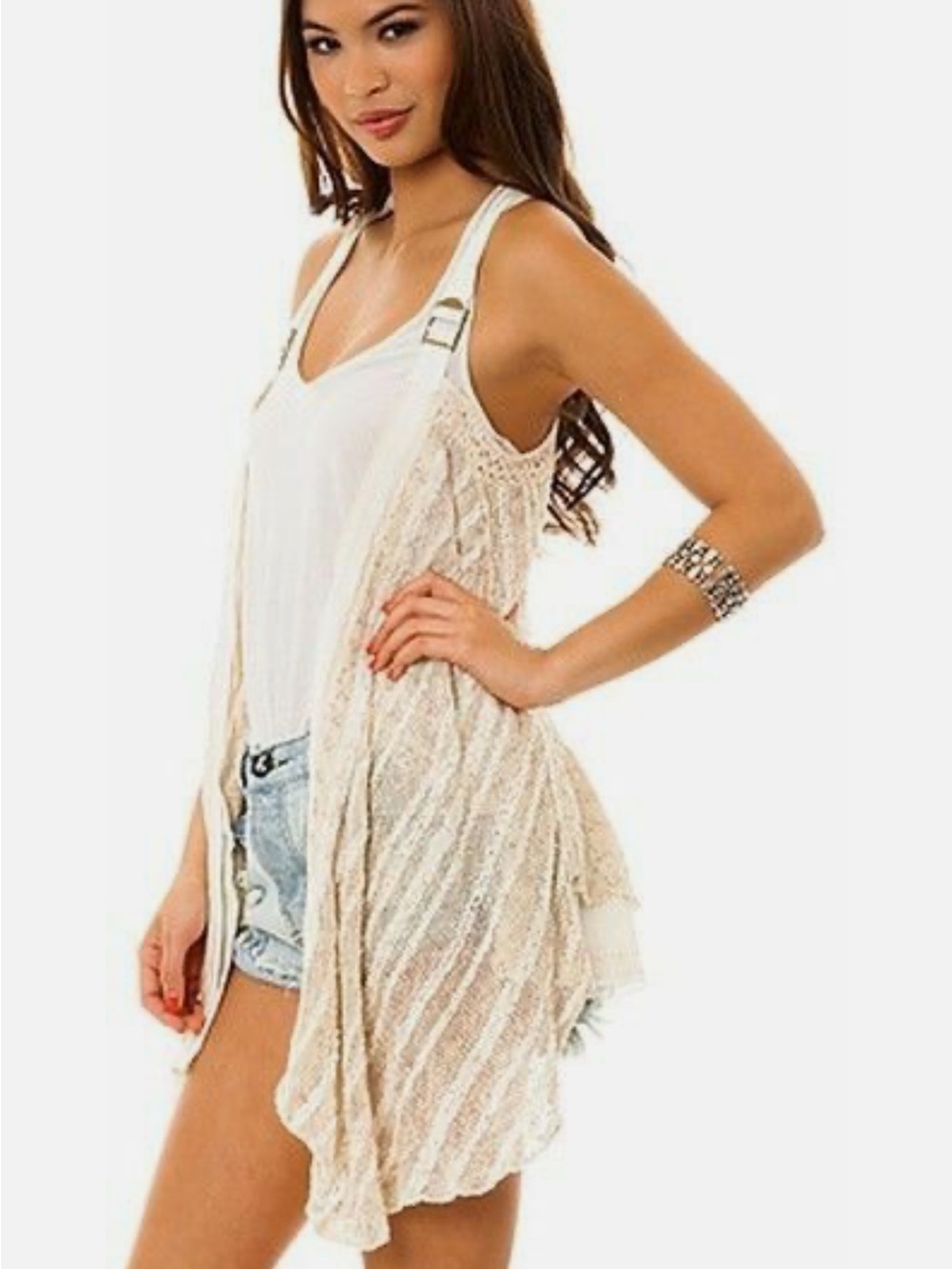 NWT Free People Women's Pretty Cool Boho Mixed Media Ivory Combo Vest Duster
